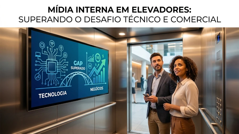 Tela de mídia indoor instalada em elevador moderno